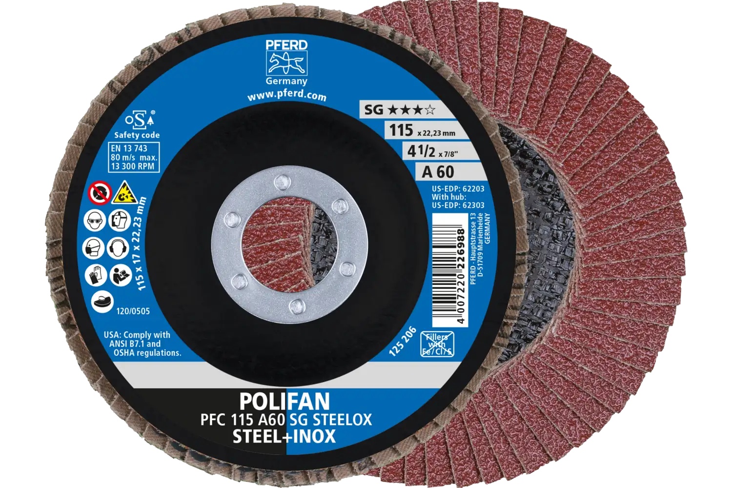 Picture of Pferd Flap Disc, 4-1/2" x 7/8, A SG Steelox, 60 Grit, T29, Conical, Aluminum oxide